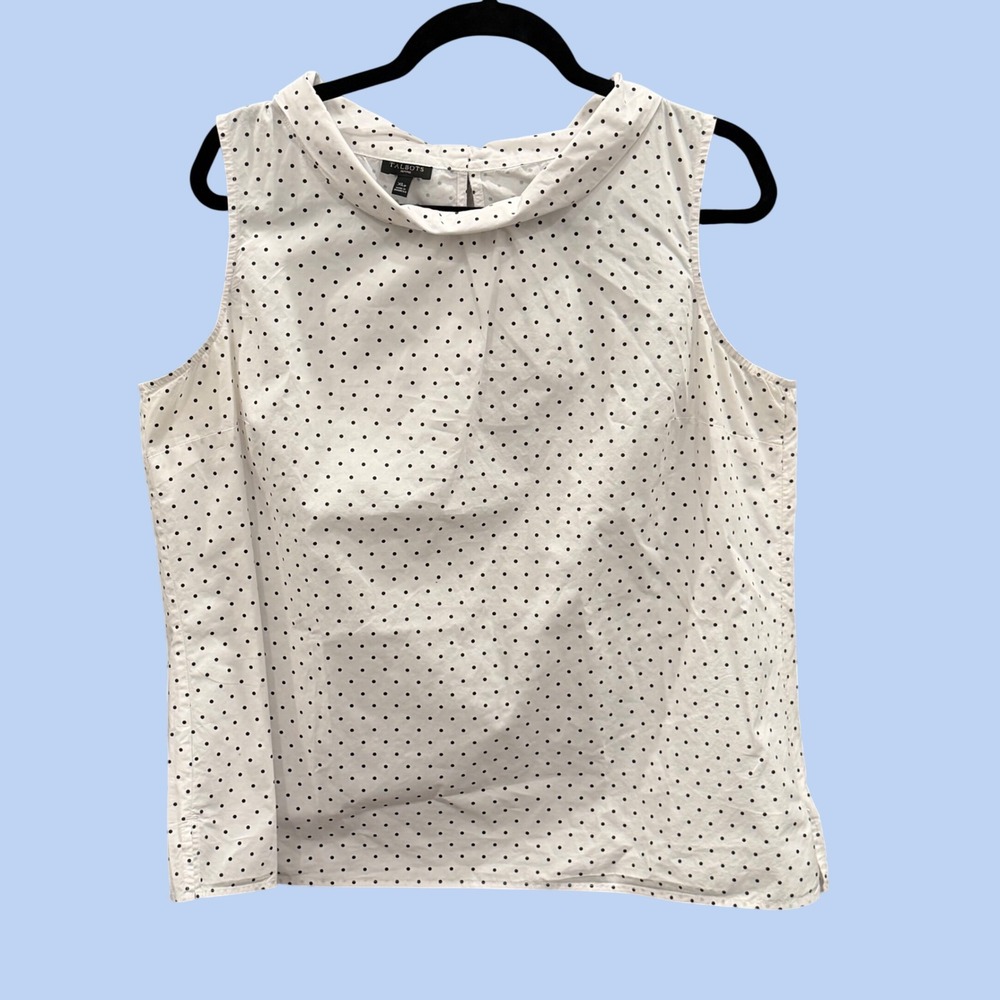 Talbots Blouse Womens White Polka Dot Sleeveless Bow Tie Retro Cotton Top XLP